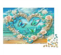 Rose Recycled Paper Heart Frame with Pearls And Butterflies on Beach Jigsaw Puzzle Collectible Gift for Adults 38x26cm/1000pcs