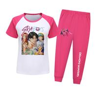 (Rose Red, 120cm) Demon Kpop Hunters Saja Boys Pattern Short Sleeved Shirt Long Suit Pajama Pants