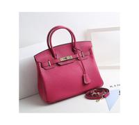 (Rose red, 20*15*10cm) Ladies Women Leather Handbag Birkin First Layer Cowhide Leather Tote Bag Commuter Crossbody Kelly Handbag