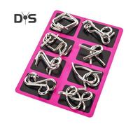 (rose red) 8Pcs/Set Metal Puzzle Ring Brain Teaser 3D Wire Puzzle Game Kids Adults Mind Logic IQ Test Educational Unlock Interlock Toy Toddlers Boys Girls Gift