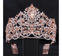 Rose Red Crystal Crown Women Girls Wedding Elegant Bride Queen Bridal Tiaras Hair Accessories Headbands Honey Peach