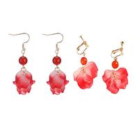 Rose Red Flower Petal Plastic Resin Ear Clip-on and Hook Earrings for Womens Sweet-Red Earrings Wedding Party, Resin, Cubic Zirconia