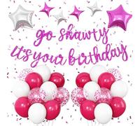 Rose Red Go Shawty It's Your Birthday Banner Balloons Set, Glitter Happy Birthday Banner with Rose Red White Confetti Balloon Star Foil Balloon for Girls Hip Hop Rap Theme Birthday Party Decorations
