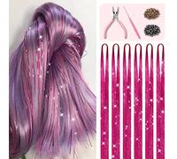 Rose Red Hair Tinsel Kit with Tools and Instruction Easy to Use 1200 Strands 48 Inches Glitter Tinsel Hair Extensions for Women and Girls, Sparkling Shinny Fairy Hair Accessories for Christmas New
