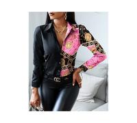 (Rose Red, L) Women Fashion Wild Shirts Chain/Floral/Letter/Geometric Square Print Turn-Down Collar Long Sleeve Blouses