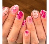 Rose Red Short False Nails with Flower - Oval False Nails with Glue - Removable Blush Pink Acrylic nails - 24pcs Long Lasting Stick on Nails for Women Girls Nail Art