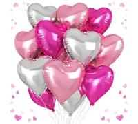 Rose Red Silver Heart Balloons, 18 Inch Light Pink and Silver Heart Shaped Balloon, 12PCS Hot Pink Helium Foil Love Balloons for Birthday Engagement Wedding Valentine Party Decorations