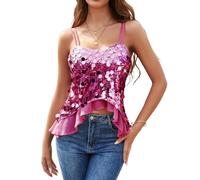 Rose Red Vest Top for Women 2025 Sparkly Sequin Tops with V Neck Sleeveless Party Going Out Clothing for Evening Holiday Ladies Camisole Tank Shirt Rose 2XL