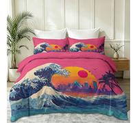 Rose Red Vintage Art Duvet Set, Soft And Easy Care Microfiber Gradient Sunset Sky Ocean Waves Buildings Duvet Cover, Single Size Comfortable Bedding Set with 2 Pillowcases for Teens Kids
