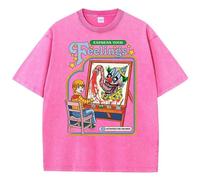 (rose red, XXL) Express Your Feelings Draw A Clown Washed Retro Men Tshirts Fashion Street Breathable T Shirts Loose Cotton Tee Clothing T-Shirt