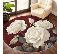 Rose Round Area Rug 60cm, White Roses Rug, Rural Floral Circle Rugs, Low-Pile Round Rugs for Kitchen Dining Living Room Bathroom Beneath the Furniture