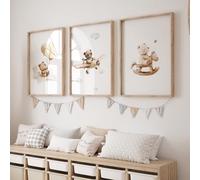 Rose Rowan Design Beige Teddy Bear Nursery Prints, Set Of 3 Wall Art for Baby Boys Bedroom, Girls Cloud Nursery, Playroom Decor, Gender Neutral Decor, Moon & Stars - Bear Plane, 11x14 inch