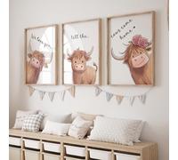 Rose Rowan Design Highland Cow Set of 3 Nursery Prints, Bear Theme Decor For Babies Bedroom, Gender Neutral Nursery Wall Art, Peek a Boo Playroom Pictures (Highland Cows, A4)