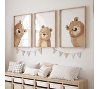 Rose Rowan Design Peeking Bears Set of 3 Nursery Prints, Bear Theme Decor For Babies Bedroom, Gender Neutral Nursery Wall Art, P Boo Playroom Pictures (Bears, A3)