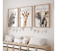 Rose Rowan Design Safari Animal Prints for Babies Room, Set of 3 Wild Animal Nursery Wall Art Prints, Gender Neutral Decor, Giraffe, Elephant, Zebra (A3)