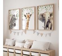 Rose Rowan Design Safari Animal Prints for Baby's Room - Set of 3 Gender Neutral Giraffe, Elephant, Zebra Wall Art (A3)