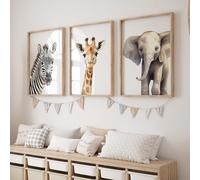 Rose Rowan Design Safari Animal Prints for Nursery, Set of 3 Wild Animal Wall Art for Babies Room, Gender Neutral Decor, Giraffe, Elephant, Zebra (Plain, A3)
