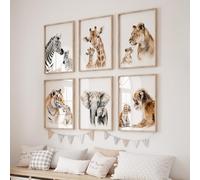 Rose Rowan Design Safari Animal Prints - Set of 6 Safari Wild Animal Nursery Wall Art for Babies Room, Gender Neutral Decor, Giraffe Mum & Baby Pictures (A3)