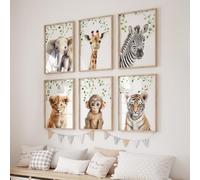 Rose Rowan Design Safari Animal Prints - Set of 6 Wild Animal Nursery Wall Art Prints for Babies Room, Giraffe, Elephant, Zebra (Leaves set of 6, A4)