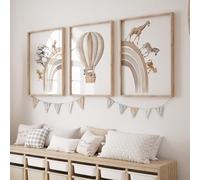 Rose Rowan Design Safari Animal Set of 3 Prints for Nursery, Rainbow Wall Art for Baby Bedroom, Neutral Nursery Decor, Hot Air Balloon Print - Beige, 11x14 inch