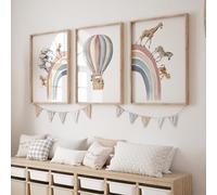 Rose Rowan Design Safari Animal Set of 3 Prints for Nursery, Rainbow Wall Art for Baby Bedroom, Neutral Nursery Decor, Hot Air Balloon Print - Netural, A4