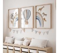 Rose Rowan Design Safari Animal Set of 3 Prints for Nursery, Rainbow Wall Art for Baby Bedroom, Neutral Nursery Decor, Hot Air Balloon Print - Blue, A3