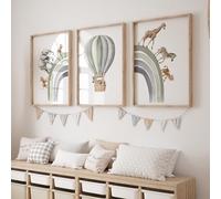 Rose Rowan Design Safari Animal Set of 3 Prints for Nursery, Rainbow Wall Art for Baby Bedroom, Neutral Nursery Decor, Hot Air Balloon Print - Green, A4