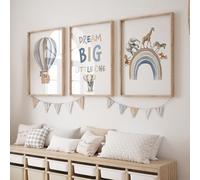 Rose Rowan Design Safari Animal Set of 3 Prints for Nursery, Rainbow Wall Art for Baby Bedroom, Nursery Decor, Hot Air Balloon, Dream Big Little One - Blue, A3