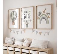 Rose Rowan Design Safari Animal Set of 3 Prints for Nursery, Rainbow Wall Art for Baby Bedroom, Nursery Decor, Hot Air Balloon, Dream Big Little One - Green, A3