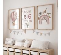 Rose Rowan Design Safari Animal Set of 3 Prints for Nursery, Rainbow Wall Art for Baby Bedroom, Nursery Decor, Hot Air Balloon, Dream Big Little One - Pink, 11x14 inch