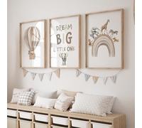 Rose Rowan Design Safari Animal Set of 3 Prints for Nursery, Rainbow Wall Art for Baby Bedroom, Nursery Decor, Hot Air Balloon, Dream Big Little One - Beige, A4