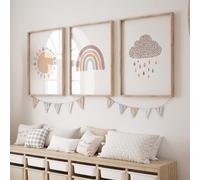Rose Rowan Design Set of 3 Boho Wall Prints, Rainbow Art for Girls Bedroom, Wildflower, Sun, Cloud Prints, Nursery Decor, Scandi - Rain, A4