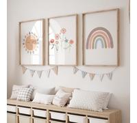 Rose Rowan Design Set of 3 Boho Wall Prints: Rainbow Wall Art for Girls, Wildflower, Sun, Cloud - Scandi Floral A3