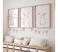 Rose Rowan Design Set of 3 Bunny or Bear Line Art Prints for Nursery, Cute Pictures for Babies Bedroom, Black and White Kids Room Decor, Gender Neutral Playroom - Rabbit, A3
