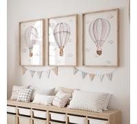 Rose Rowan Design Set of 3 Hot Air Balloon Prints for Nursery, Bedroom,Playroom - Gender Neutral Decor for Babies Room - Pastel Colours - Bunny, Goose, Bears (Bunny Goose Bear - Pink, A4)