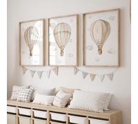 Rose Rowan Design Set of 3 Hot Air Balloon Prints for Nursery, Bedroom,Playroom - Gender Neutral Decor for Babies Room - Pastel Colours - Bunny, Goose, Bears (3 Bears, A3)