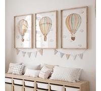 Rose Rowan Design Set of 3 Hot Air Balloon Prints for Nursery, Bedroom,Playroom - Gender Neutral Decor for Babies Room - Pastel Colours - Bunny, Goose, Bears (Bunny Goose Bear, A3)
