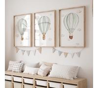 Rose Rowan Design Set of 3 Hot Air Balloon Prints for Nursery, Bedroom,Playroom - Gender Neutral Decor for Babies Room - Pastel Colours - Bunny, Goose, Bears (Bunny Goose Bear-Green, A4)