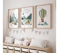 Rose Rowan Design Set Of 3 Mountain Nursery Prints, Forest Decor, Green Bedroom Wall Art, Unisex Adventure Awaits Playroom Prints, Woodland Animal Nursery Décor - Adventure, A4