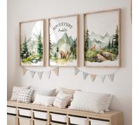 Rose Rowan Design Set Of 3 Mountain Nursery Prints, Forest Decor, Green Bedroom Wall Art, Unisex Adventure Awaits Playroom Prints, Woodland Animal Nursery Décor - Aw, A3