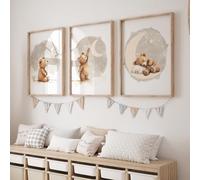 Rose Rowan Design Set of 3 Starry Night Prints for Nursery, Cute Pictures for Babies Bedroom, Bear Elephant or Fox Kids Room Decor, Gender Neutral Playroom (Teddy Beige, A4)