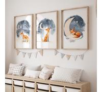 Rose Rowan Design Set of 3 Starry Night Prints for Nursery, Cute Pictures for Babies Bedroom, Bear Elephant or Fox Kids Room Decor, Gender Neutral Playroom (Fox Blue, 11x14 inch)
