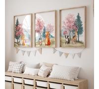 Rose Rowan Design Set Of 3 Woodland Animal Nursery Prints, Forest Theme Boys Bedroom Decor, Unisex Adventure Outdoor Playroom, Girls Room Mountain Pictures - Pink, 11x14 inch