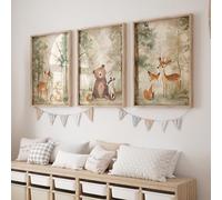 Rose Rowan Design Set of 3 Woodland Animal Nursery Prints - Unisex Forest Adventure Wall Art, Scandinavian Kids Room Decor, Playroom Posters (Green & Beige, A3)