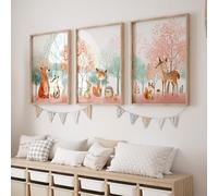 Rose Rowan Design Set of 3 Woodland Animal Nursery Prints - Unisex Forest Adventure Wall Art, Scandinavian Kids Room Decor, Playroom Posters (Pink, A3)