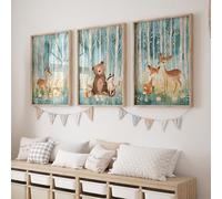 Rose Rowan Design Set of 3 Woodland Animal Nursery Prints - Unisex Forest Adventure Wall Art, Scandinavian Kids Room Decor, Playroom Posters (Teal, A4)