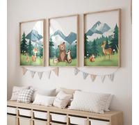 Rose Rowan Design Set of 3 Woodland Animal Nursery Prints - Unisex Forest Adventure Wall Art, Scandinavian Kids Room Decor, Playroom Posters (Mountains, A4)