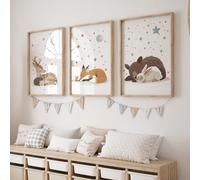 Rose Rowan Design Set of 3 Woodland Animal Prints for Nursery, Sleeping Animal Pictures for Babies Bedroom, Kids Room Decor, Gender Neutral Playroom (Stars, 11x14 inch)