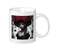 Rose Set Of 1 Printing Mug Beautiful Girl Flower Hat Vintage Aesthetic Necklace Earrings Plant red black Ceramic Reusable lnsulated library living room kitchen dorm Hot Drinks Flat Bottom 11 Ounce