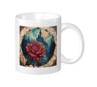 Rose Set Of 1 Printing Mug Castle Flower Vintage Artistic Aesthetic Designs Leaves Pretty blue red Ceramic Tea Steeping Reusable Desk Family Pantry library Coffee Mug Decorative 11 Ounce